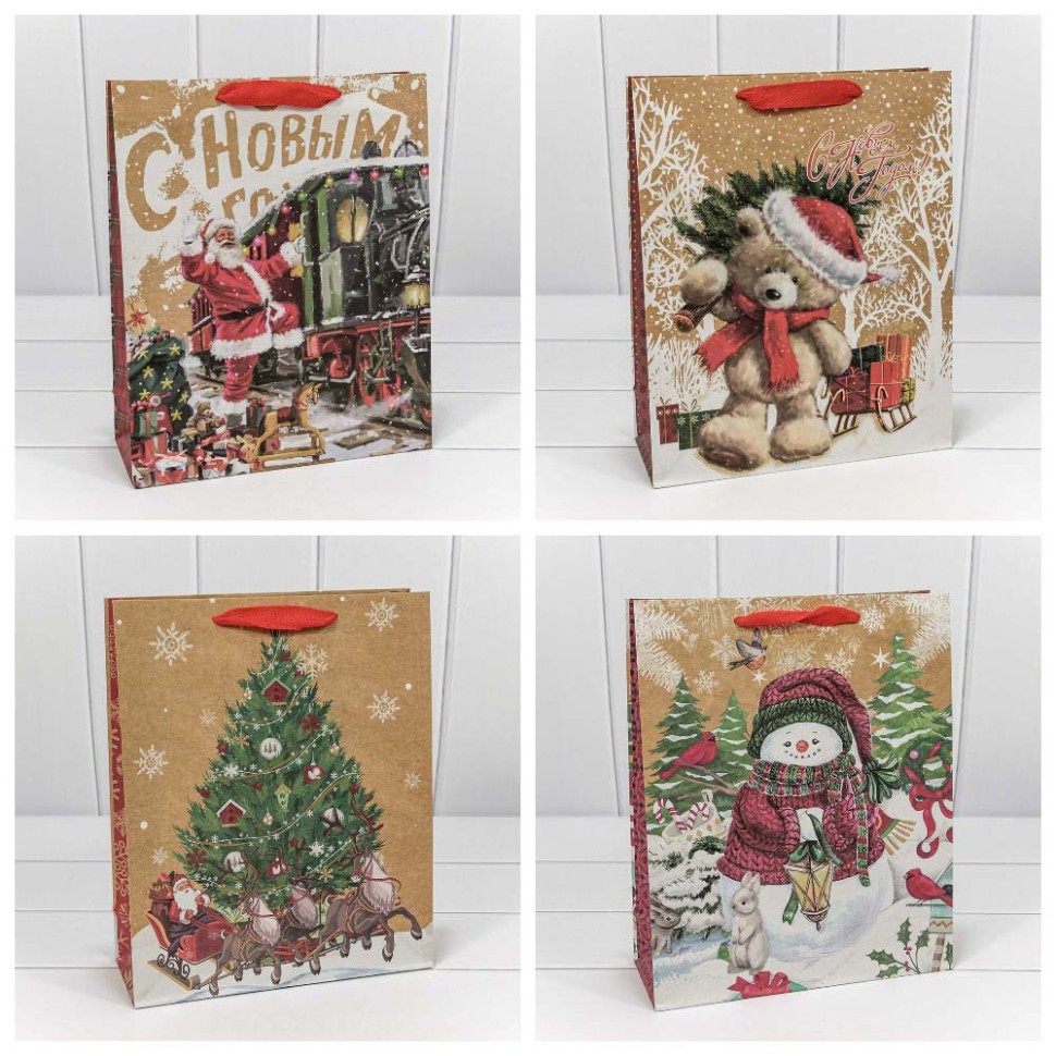 Пакет подарочный крафт "Новогодний" (микс) 26*32*13 см