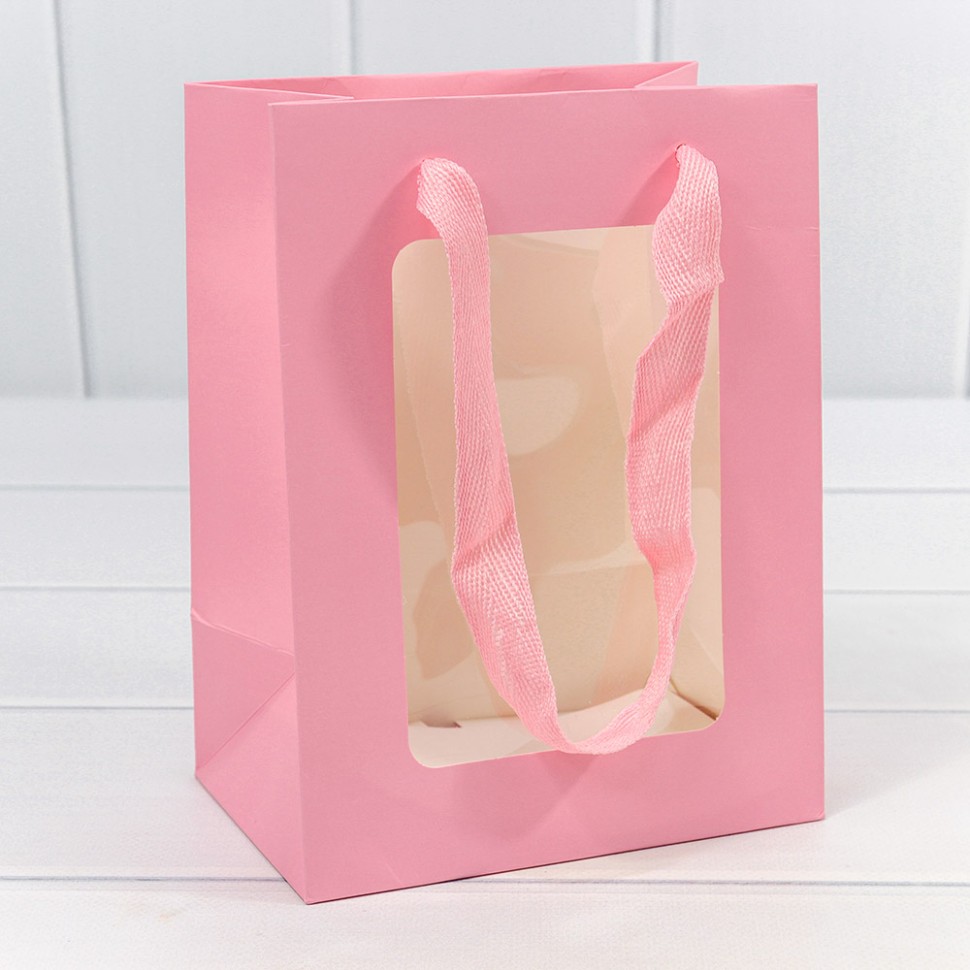 Пакет подарочный с окошком Розовый 15*20*10