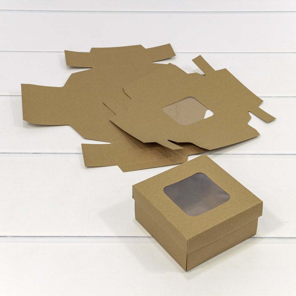 Коробка Квадратная 10*10*5 сборная с окошком Крафт