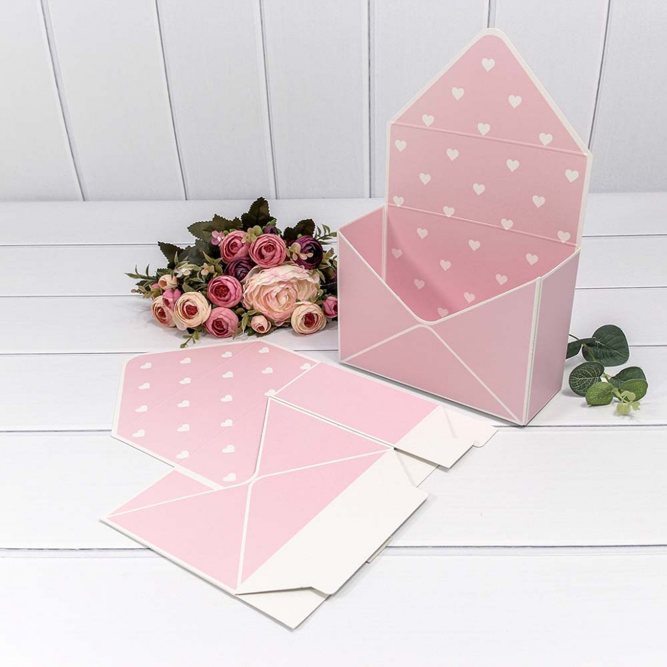 Коробка "Конверт" 20×30×8 сборная "Сердца" Розовый