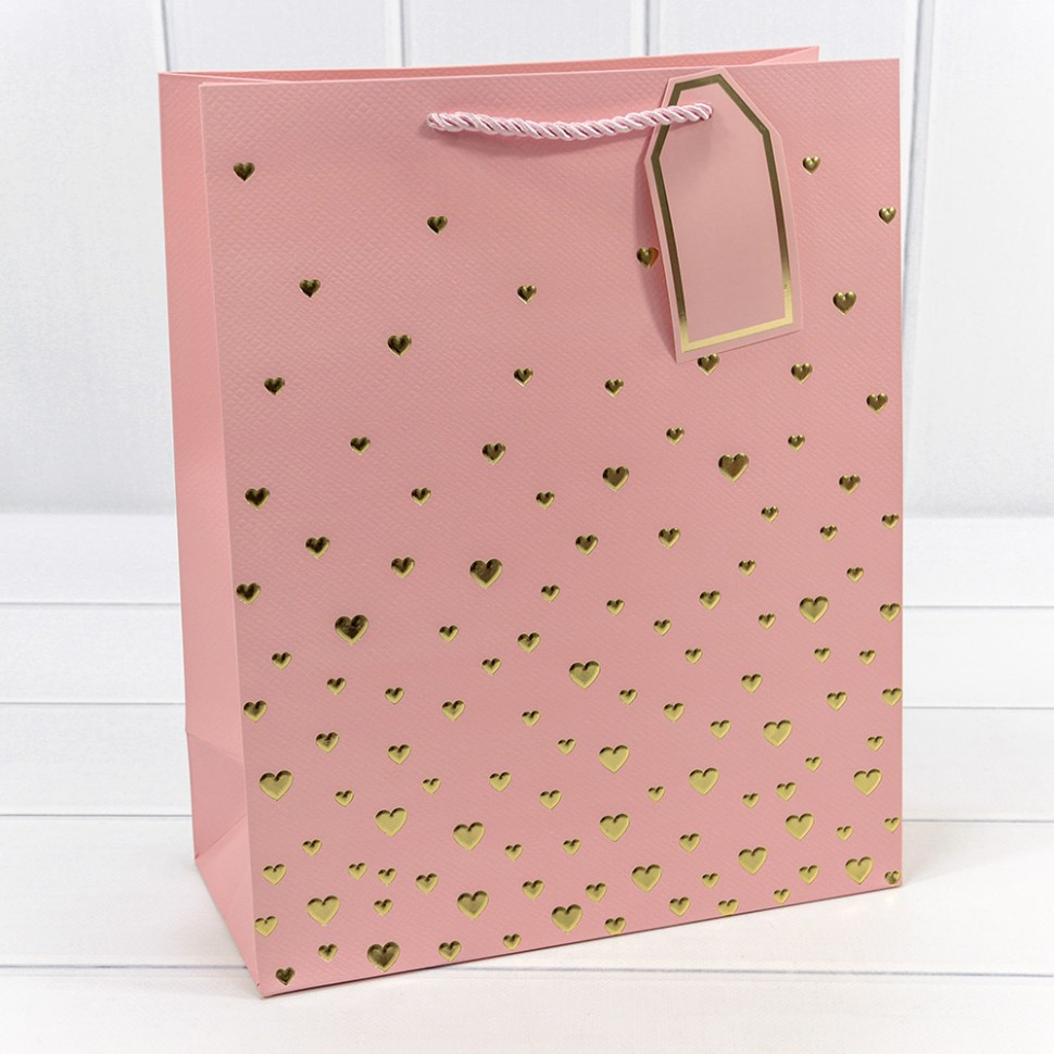 Пакет подарочный с тиснением "Сердечки" Розовый 26*32*12