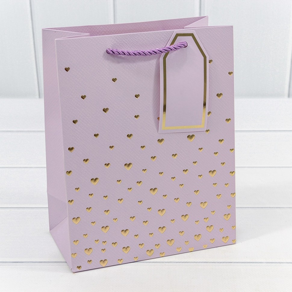 Пакет подарочный с тиснением "Сердечки" Сиреневый 18*23*10