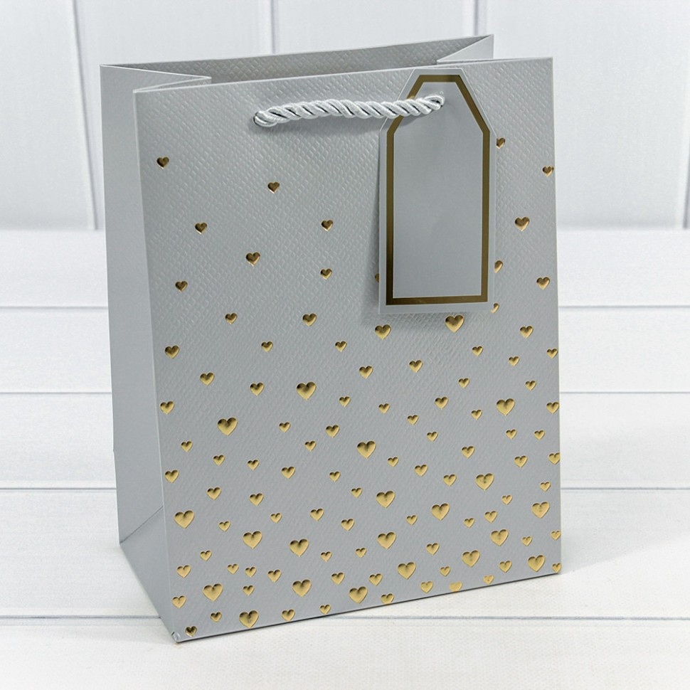 Пакет подарочный с тиснением "Сердечки" Серебряный 18*23*10