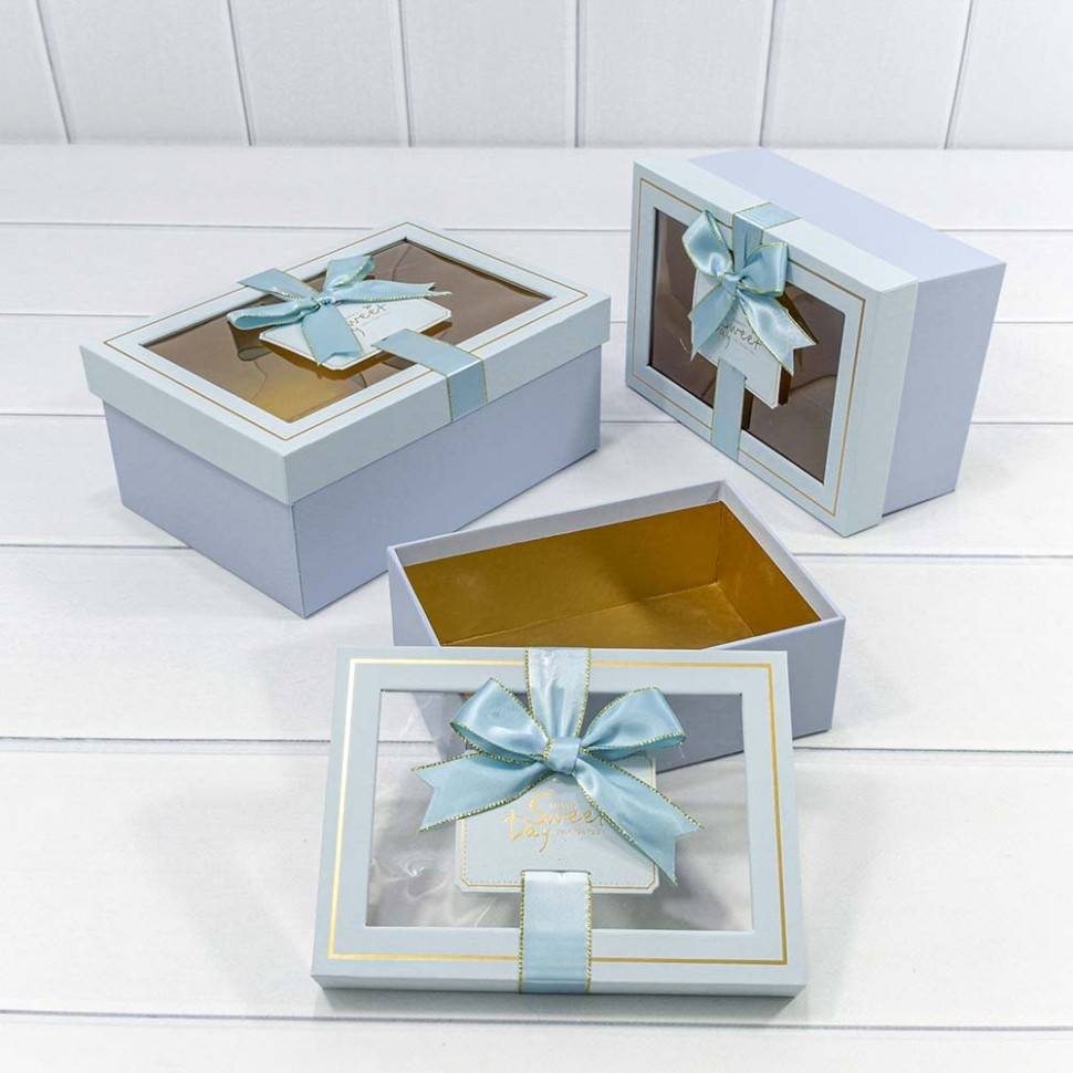 Коробки Прямоугольные Набор 1/3 22,5*16*9,5 с окошком и бантом Голубой