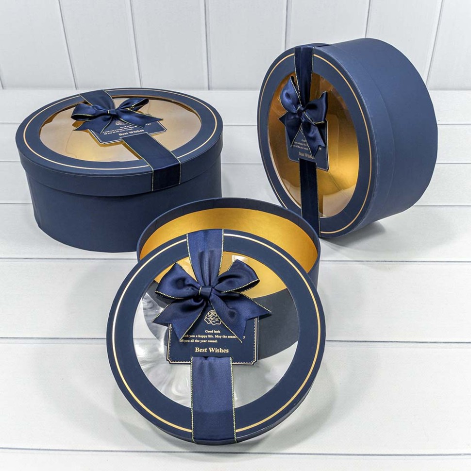 Коробки Набор 3 в 1 Круглые 28×11,5 с окошком и бантом Тёмно-синий