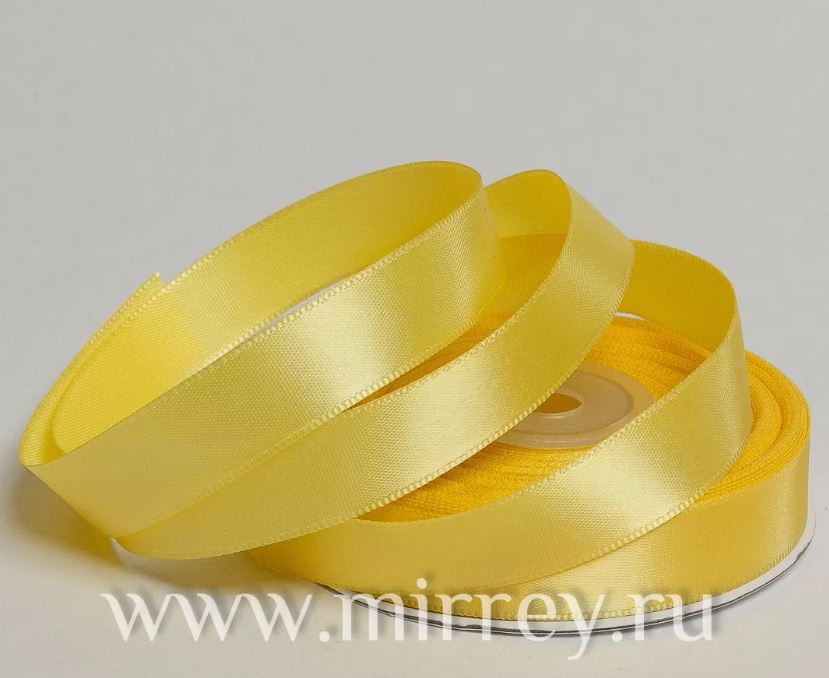 Лента атласная, на катушке (картон), односторонняя, 15 мм х 25 ярд, лимонный