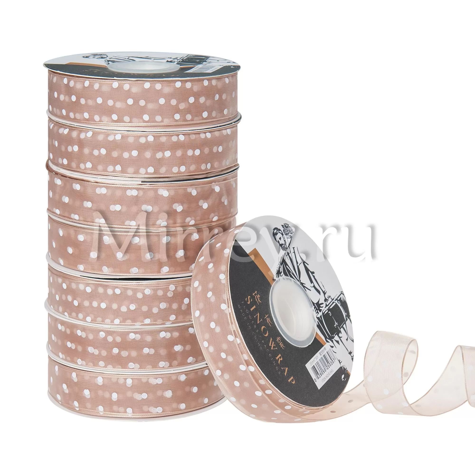 Лента декоративная "Горошек", полиэстер, 25 мм х 30 ярд., бежевый / белый