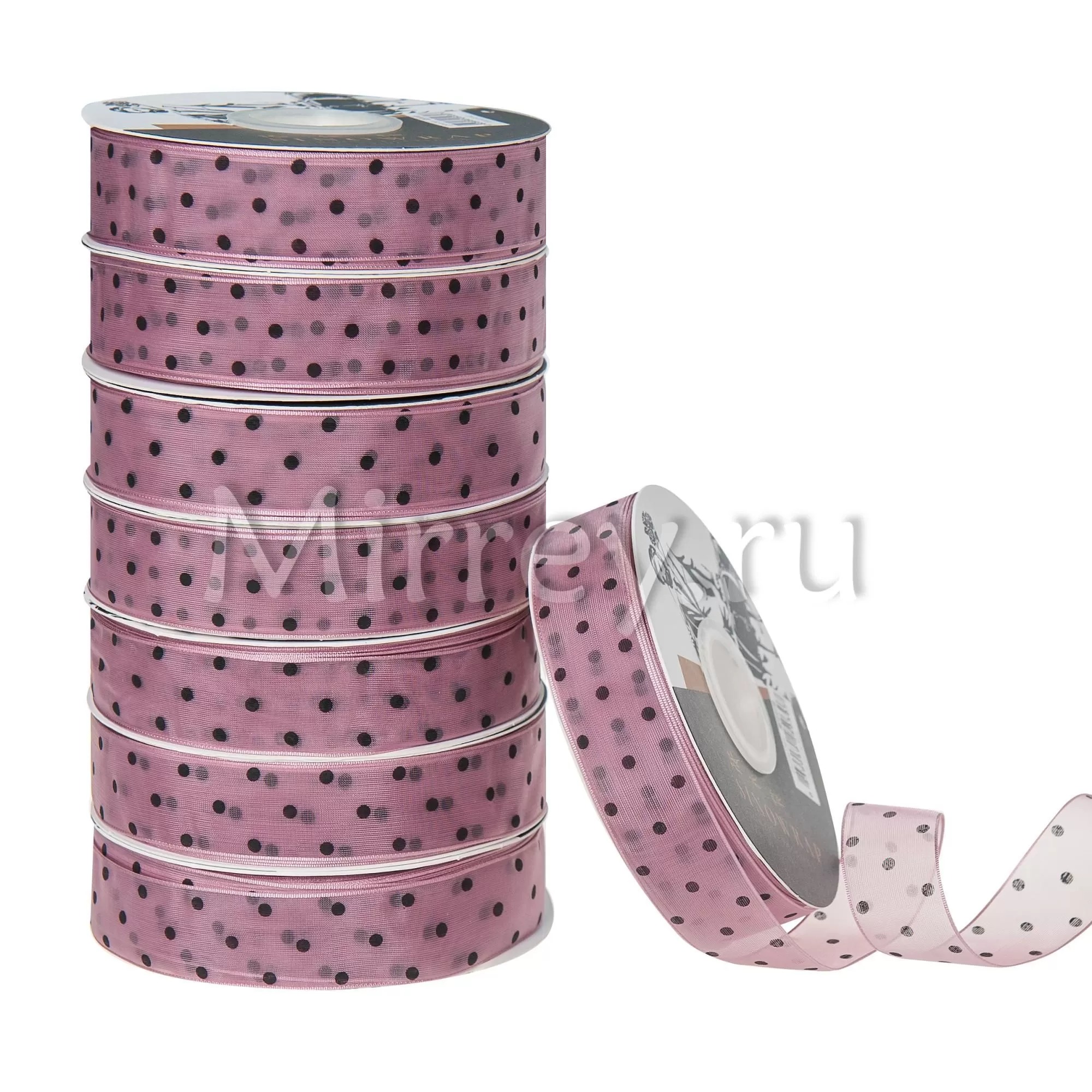 Лента декоративная "Горошек", полиэстер, 25 мм х 30 ярд., чайная роза / черный