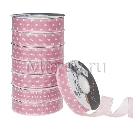 Лента декоративная "Горошек", полиэстер, 25 мм х 30 ярд., розовый / белый