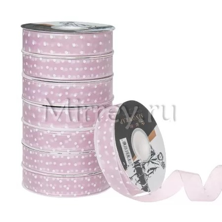 Лента декоративная "Горошек", полиэстер, 25 мм х 30 ярд., сиреневый / белый