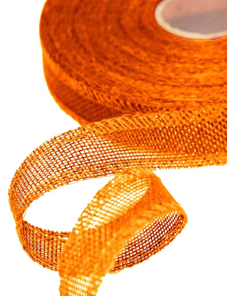 Лента декоративная из искусственного льна с проволокой 2,5 см*25 ярд оранжевый