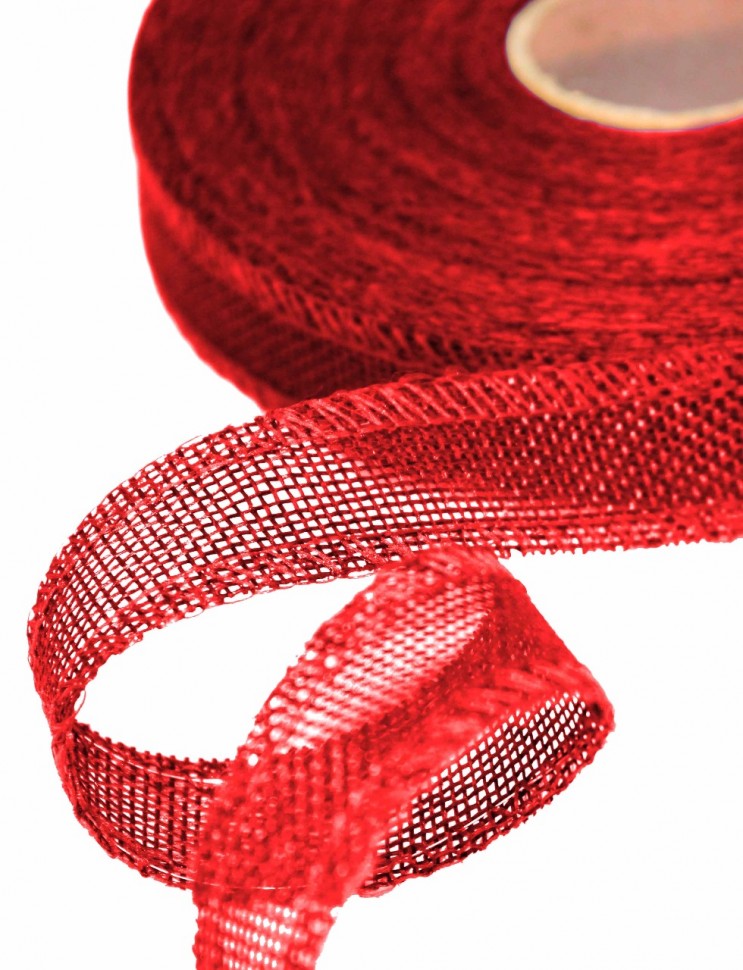 Лента декоративная из искусственного льна с проволокой 2,5 см*25 ярд красный