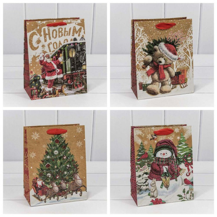 Пакет подарочный крафт "Новогодний" (микс) 18*23*10 см