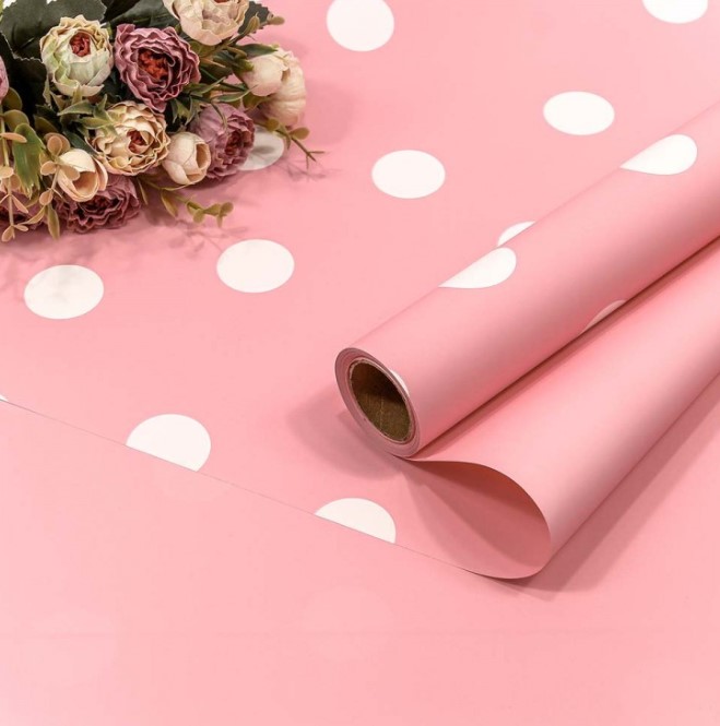 Пленка матовая 58 см*10 м горох розовый/белый